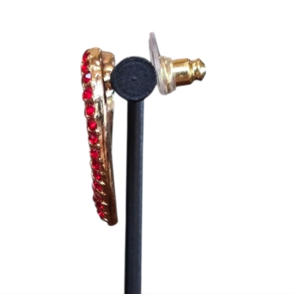 Red Rhinestone Goldtone Heart Earrings - Picture 4 of 5